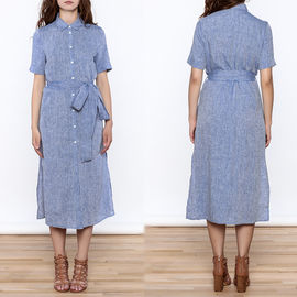 Women Casual Button Down Solid Midi Linen Dresses ladies