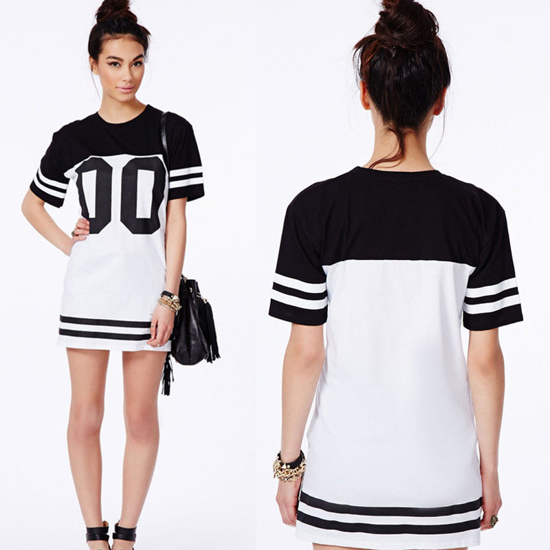 Fashion Women Longline Loose Long T Shirt Baseball Dress With Printed