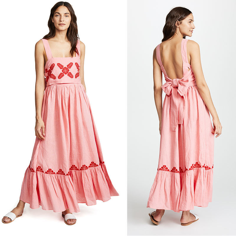 2018 Pink Linen Embroidery Women Maxi Dress Summer